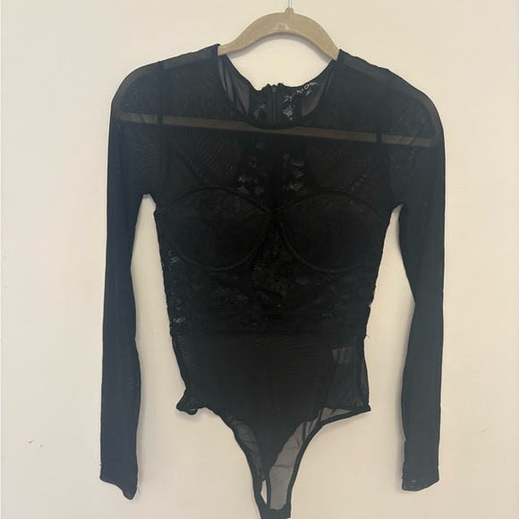 top chic Tops - Chic Black Lace Long Sleeve Bodysuit sheer sexy feminine size S Lolita NWOT